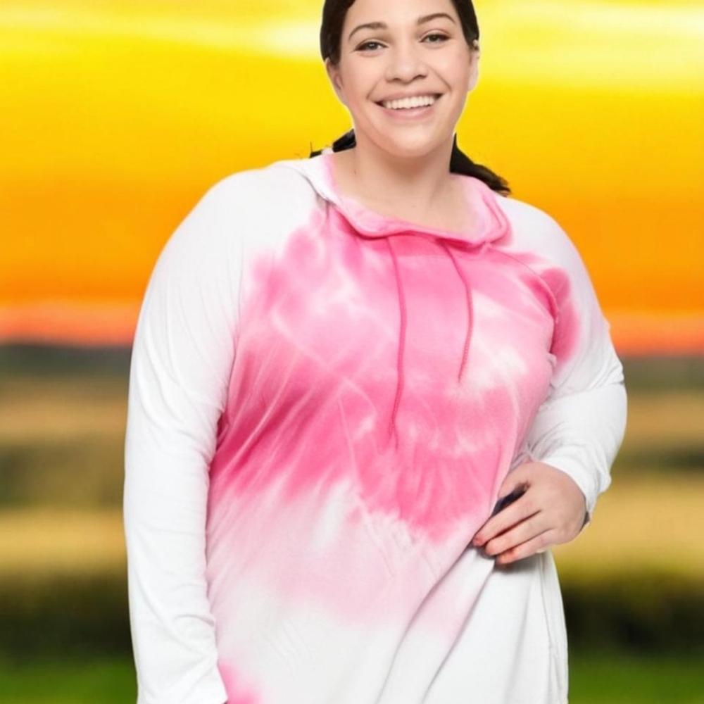 Livi active French terry, pink and white shirt, long sleeve hoodie